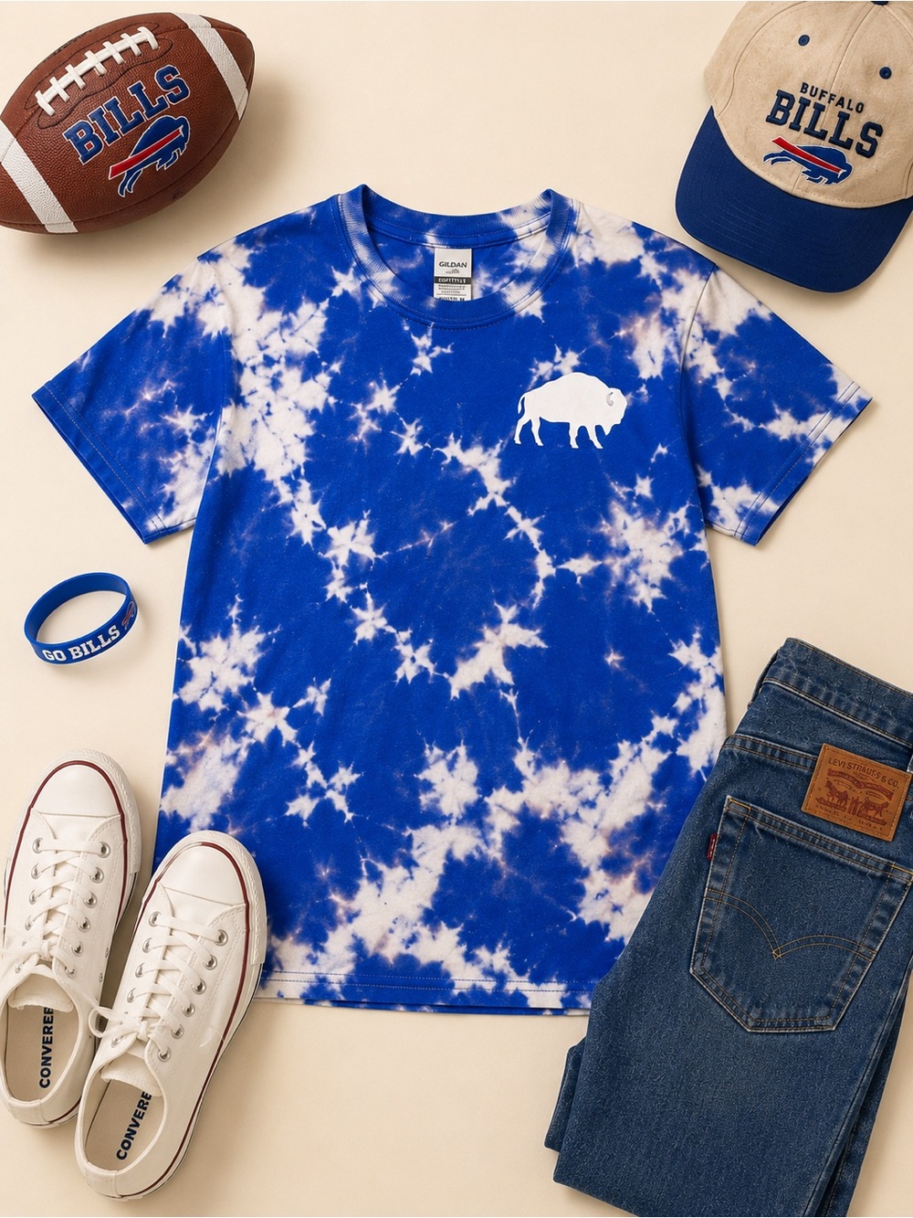 Youth M Buffalo Bills Tie Dye T-Shirt Blue White Bison Graphic Gildan Softstyle